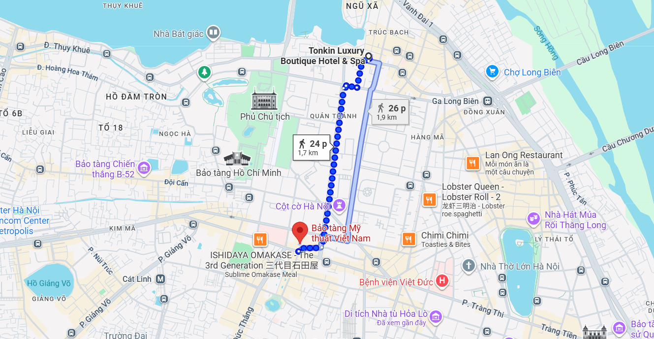 Đường đi từ Tonkin Luxury Boutique Hotel & Spa đến địa chỉ Bảo tàng Mỹ thuật Việt Nam